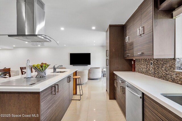 253 NE 212th Ter, Miami, FL 33177 - kitchen featuring wall chimney range hood, stainless steel dishwasher, a sink, modern cabinets, and recessed lighting