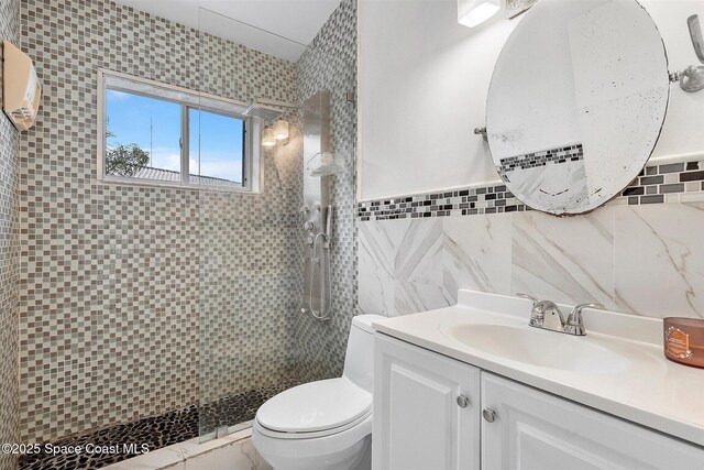 253 NE 212th Ter, Miami, FL 33177 - full bath with a tile shower, vanity, toilet, tile walls, and a wall mounted AC