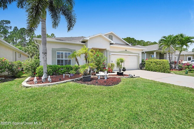 2263 Chinaberry Cir SE, Palm Bay, FL 32909 - ranch-style home featuring stucco siding, a garage, concrete driveway, and a front lawn