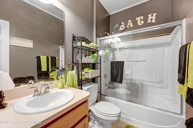 2263 Chinaberry Cir SE, Palm Bay, FL 32909 - bathroom with vanity, toilet, combined bath / shower with glass door, and crown molding