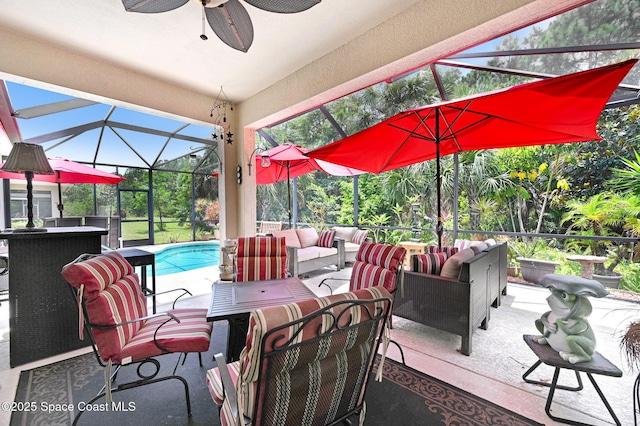 2263 Chinaberry Cir SE, Palm Bay, FL 32909 - view of patio with an outdoor hangout area, ceiling fan, glass enclosure, and an outdoor pool