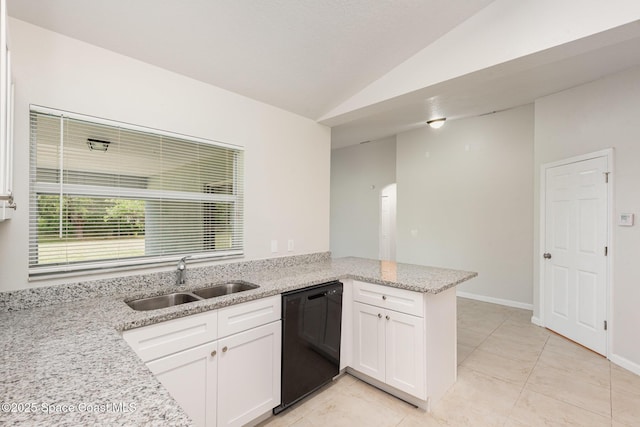 1094 Locust Ave NW, Palm Bay, FL 32907 - kitchen featuring black dishwasher, a sink, white cabinets, lofted ceiling, and light stone counters