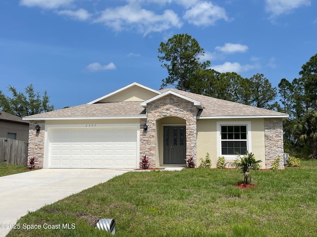 2597 Galiano Ave, Palm Bay, FL 32908 - ranch-style house featuring stone siding, an attached garage, driveway, stucco siding, and roof with shingles