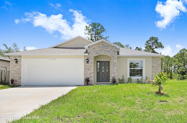 2597 Galiano Ave, Palm Bay, FL 32908 - ranch-style home with a front yard, stone siding, a garage, concrete driveway, and stucco siding