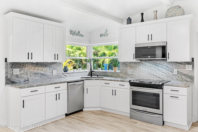 996 S Wickham Rd, West Melbourne, FL 32904 - kitchen featuring appliances with stainless steel finishes, a sink, beamed ceiling, white cabinets, and decorative backsplash