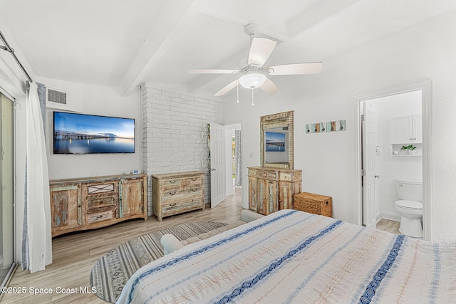 996 S Wickham Rd, West Melbourne, FL 32904 - bedroom with beam ceiling, light wood finished floors, a ceiling fan, and connected bathroom