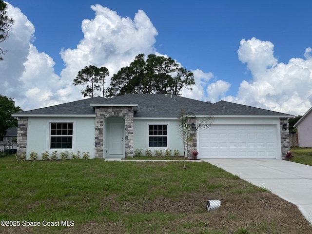 1204 Stadt Rd NW, Palm Bay, FL 32907 - ranch-style house featuring stucco siding, driveway, a garage, a front yard, and stone siding