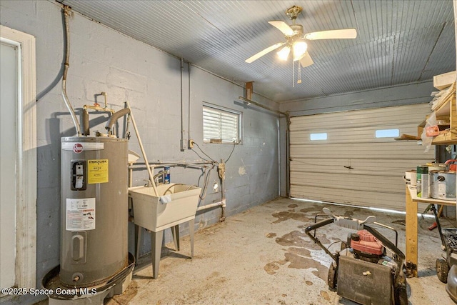2835 Sunset Rd, Melbourne, FL 32904 - garage featuring water heater, a ceiling fan, concrete block wall, and a sink
