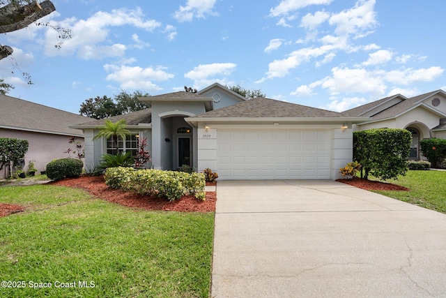 2020 Twelve Oaks Dr SE, Palm Bay, FL 32909 - ranch-style house with an attached garage, stucco siding, driveway, a front yard, and a shingled roof