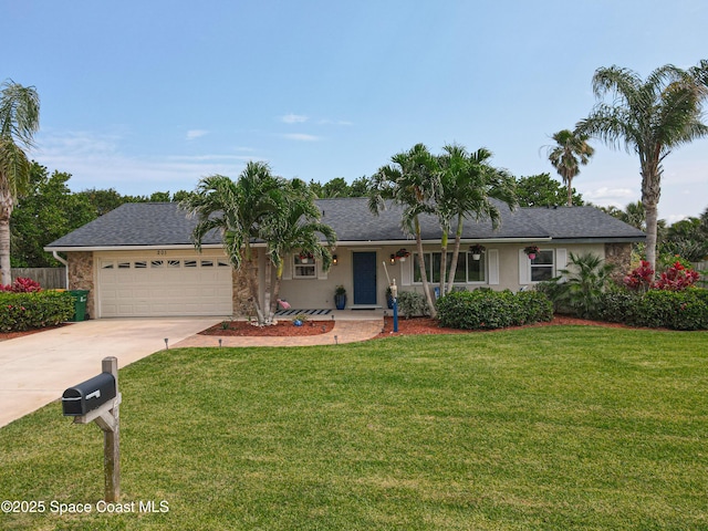 201 Woody Cir, Melbourne Beach, FL 32951 - ranch-style house featuring a garage, driveway, stucco siding, and a shingled roof