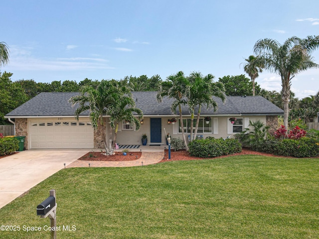 201 Woody Cir, Melbourne Beach, FL 32951 - ranch-style home featuring an attached garage, concrete driveway, a front yard, and roof with shingles