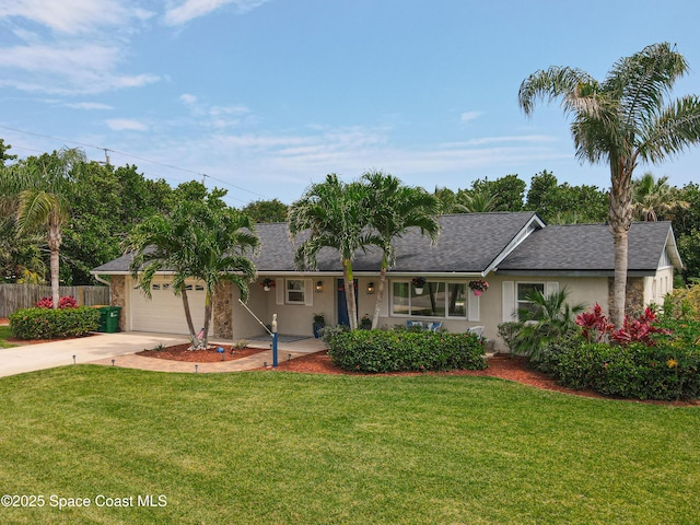 201 Woody Cir, Melbourne Beach, FL 32951 - ranch-style house featuring concrete driveway, a garage, stucco siding, and a shingled roof
