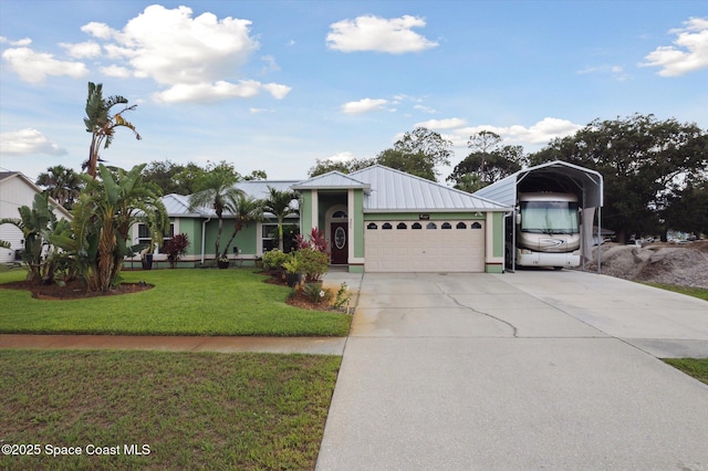 4625 Curtis Blvd, Cocoa, FL 32927 - single story home featuring a front lawn, a garage, a carport, driveway, and metal roof