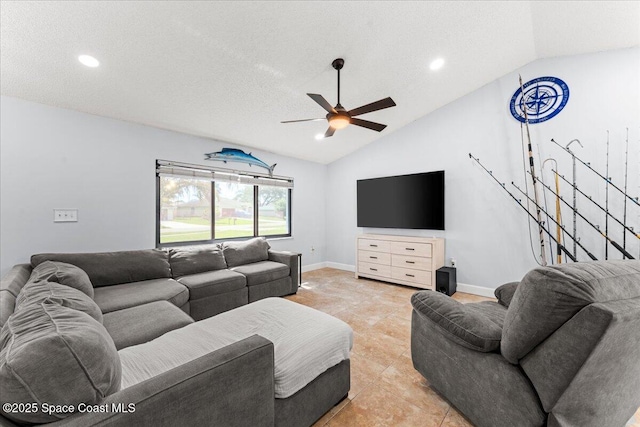 2350 Fallon Blvd NE, Palm Bay, FL 32907 - living area featuring lofted ceiling, a ceiling fan, recessed lighting, baseboards, and light tile patterned flooring