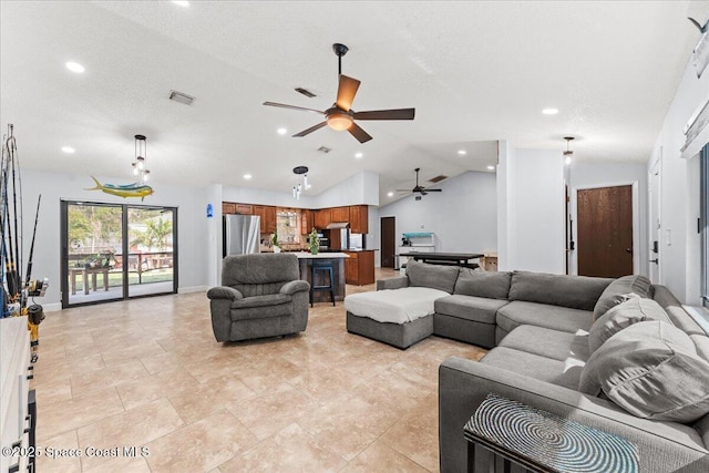 2350 Fallon Blvd NE, Palm Bay, FL 32907 - living room with a ceiling fan, lofted ceiling, recessed lighting, and baseboards