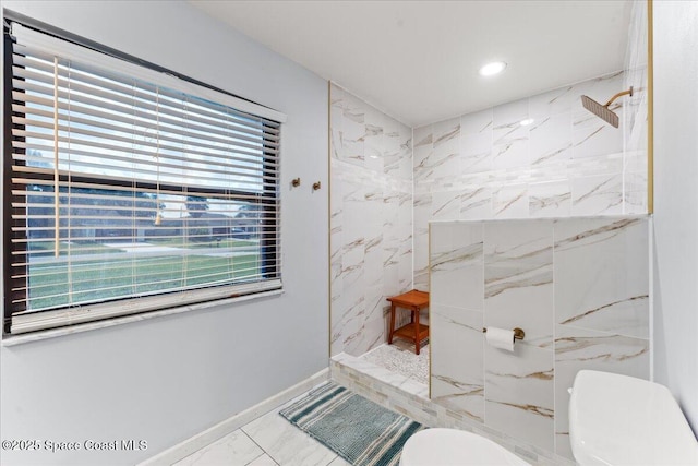 2350 Fallon Blvd NE, Palm Bay, FL 32907 - bathroom with toilet, a marble finish shower, recessed lighting, and marble look tile flooring