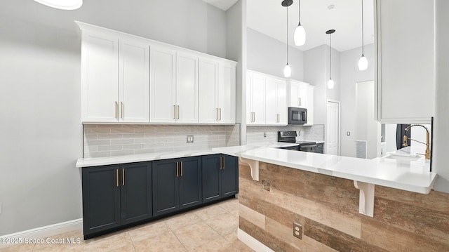 5852 Goleta Cir, Melbourne, FL 32940 - kitchen featuring stainless steel electric range, white cabinets, backsplash, a sink, and a high ceiling