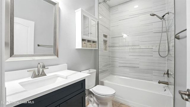 5852 Goleta Cir, Melbourne, FL 32940 - bathroom with toilet, vanity, and shower / washtub combination