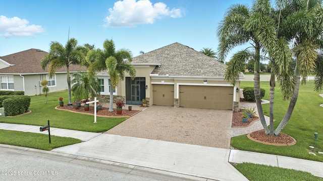 5852 Goleta Cir, Melbourne, FL 32940 - ranch-style home with an attached garage, decorative driveway, stucco siding, a front lawn, and a shingled roof