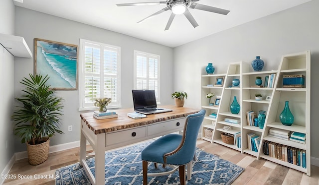 5852 Goleta Cir, Melbourne, FL 32940 - office with ceiling fan, light wood-style floors, and baseboards