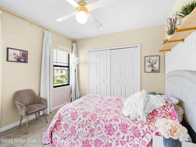 4647 Broomsedge Cir, West Melbourne, FL 32904 - bedroom featuring light colored carpet, a closet, baseboards, and a ceiling fan