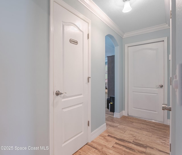 2501 Eldron Blvd SE, Palm Bay, FL 32909 - corridor with arched walkways, light wood finished floors, ornamental molding, and baseboards