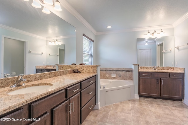 2501 Eldron Blvd SE, Palm Bay, FL 32909 - bathroom with a garden tub, two vanities, crown molding, and tile patterned flooring