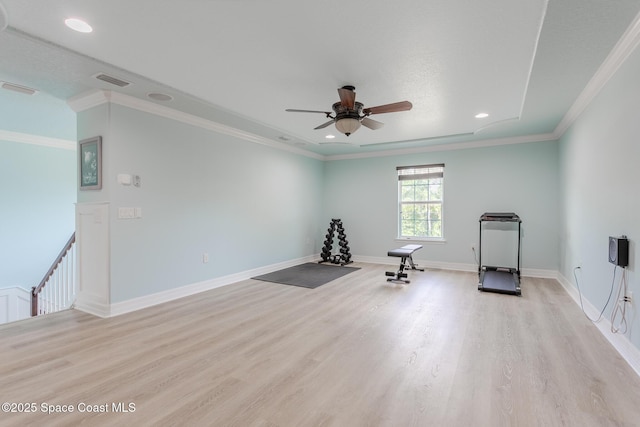 2501 Eldron Blvd SE, Palm Bay, FL 32909 - exercise area with light wood-style floors, a ceiling fan, recessed lighting, ornamental molding, and baseboards