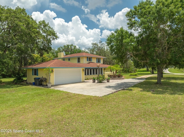 2280 Grove St, Titusville, FL 32796 - view of front of home featuring concrete driveway, an attached garage, a front lawn, and a chimney