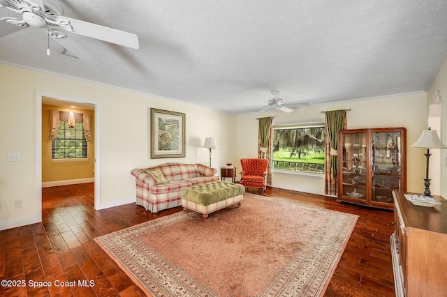 2280 Grove St, Titusville, FL 32796 - living room with ceiling fan, dark wood-style floors, baseboards, and ornamental molding
