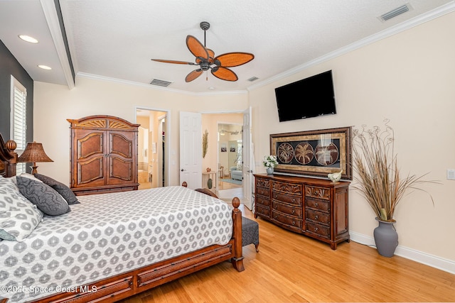 140 Miami Ave, Indialantic, FL 32903 - bedroom with light wood-style flooring, ornamental molding, ensuite bathroom, baseboards, and recessed lighting