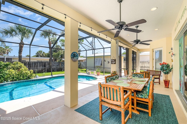 140 Miami Ave, Indialantic, FL 32903 - view of swimming pool with a patio area, a ceiling fan, and a lanai