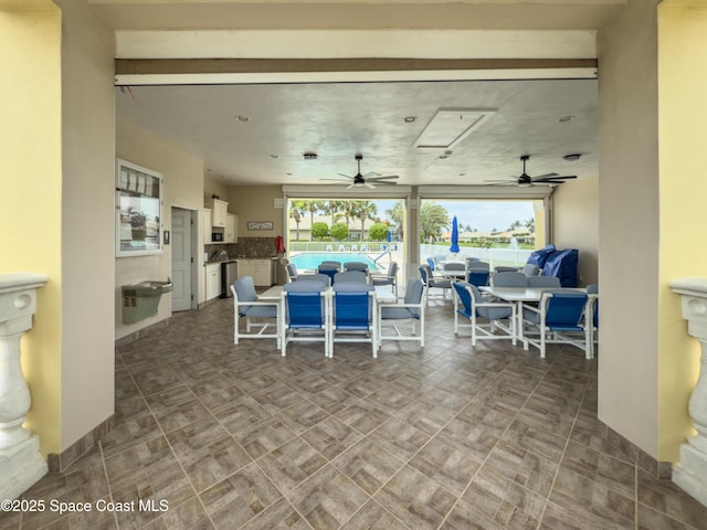 274 Clyde St, Melbourne Beach, FL 32951 - view of patio with a ceiling fan, an outdoor hangout area, a swimming pool, outdoor dining area, and area for grilling