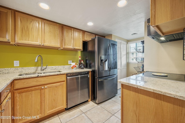 4100 Ocean Beach Blvd Unit 412, Cocoa Beach, FL 32931 - kitchen featuring appliances with stainless steel finishes, a sink, light tile patterned flooring, light stone countertops, and recessed lighting