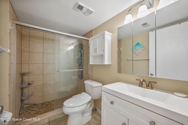 4100 Ocean Beach Blvd Unit 412, Cocoa Beach, FL 32931 - full bathroom featuring toilet, vanity, a stall shower, and tile patterned floors
