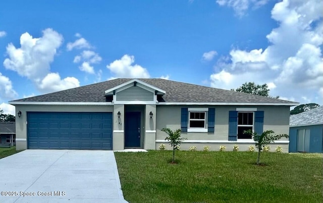 1380 Vander Ave SE Unit 16, Palm Bay, FL 32909 - ranch-style house with stucco siding, concrete driveway, a front yard, a garage, and roof with shingles
