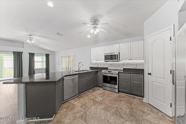 3817 Sunbeam Ct, Merritt Island, FL 32953 - kitchen with stainless steel appliances, a ceiling fan, a sink, gray cabinets, and vaulted ceiling