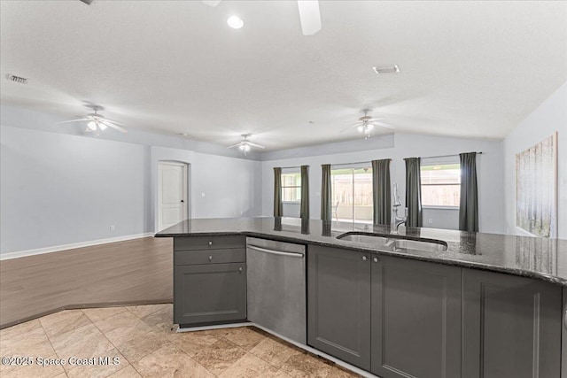 3817 Sunbeam Ct, Merritt Island, FL 32953 - kitchen featuring dishwasher, open floor plan, ceiling fan, gray cabinetry, and a sink