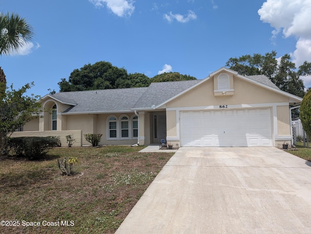 862 Aachen Ave NW, Palm Bay, FL 32907 - ranch-style house featuring stucco siding, driveway, a garage, and a shingled roof