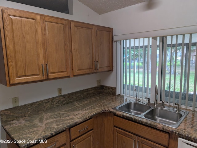 862 Aachen Ave NW, Palm Bay, FL 32907 - kitchen with a sink, healthy amount of natural light, brown cabinetry, dark countertops, and a textured ceiling