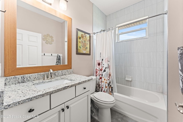 1641 Earlham Ave NW, Palm Bay, FL 32907 - bathroom featuring vanity, toilet, shower / bathtub combination with curtain, and tile patterned flooring