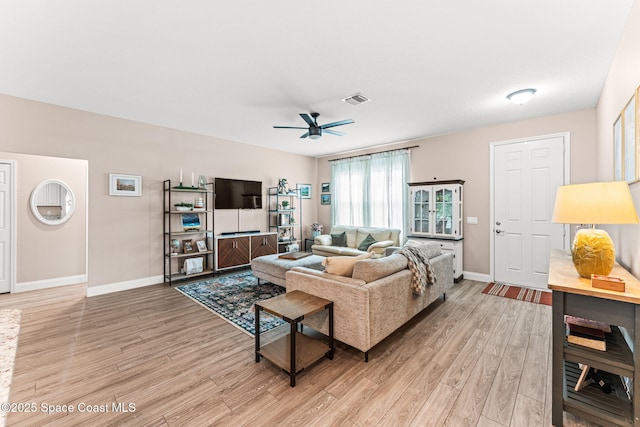 1641 Earlham Ave NW, Palm Bay, FL 32907 - living room with a ceiling fan, light wood-type flooring, and baseboards