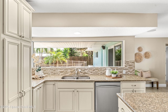 475 Park Ave, Satellite Beach, FL 32937 - kitchen featuring stainless steel dishwasher, a sink, decorative backsplash, and light stone counters