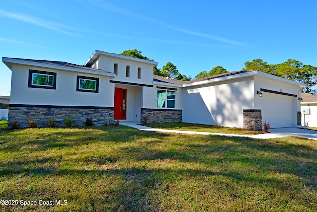 883 Parrotfish St SW, Palm Bay, FL 32908 - view of front of home with stucco siding, an attached garage, stone siding, and a front lawn