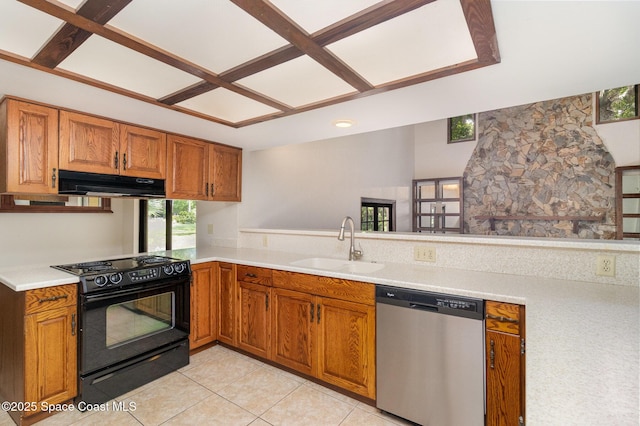 4121 Mustang Rd, Melbourne, FL 32934 - kitchen featuring stainless steel dishwasher, black / electric stove, under cabinet range hood, a sink, and brown cabinetry