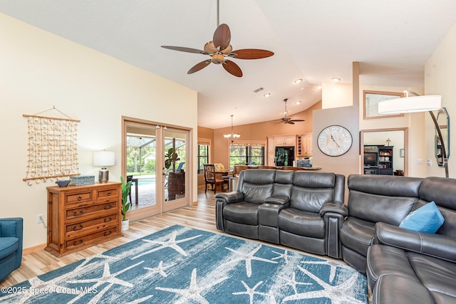 3750 Shady Run Rd, Melbourne, FL 32934 - living area featuring ceiling fan, light wood-style floors, recessed lighting, and high vaulted ceiling
