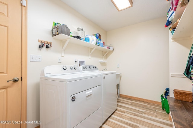 3750 Shady Run Rd, Melbourne, FL 32934 - laundry room with washer and clothes dryer, light wood-style floors, and baseboards
