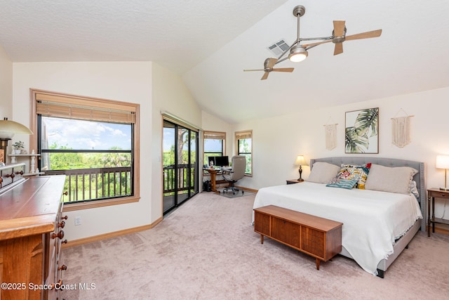 3750 Shady Run Rd, Melbourne, FL 32934 - bedroom with vaulted ceiling, access to exterior, baseboards, light carpet, and ceiling fan