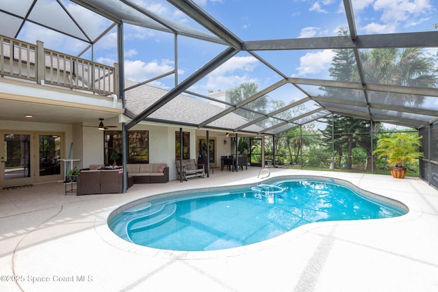 3750 Shady Run Rd, Melbourne, FL 32934 - swimming pool with an outdoor hangout area, a ceiling fan, french doors, and a patio area