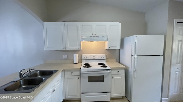 975 Luminary Cir Unit 103, Melbourne, FL 32901 - kitchen with white appliances, under cabinet range hood, a sink, white cabinetry, and light countertops